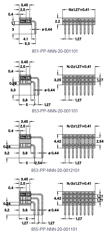 Mechanical Drawing - Preci-Dip 85x Straight Solder Tail PCB Connectors